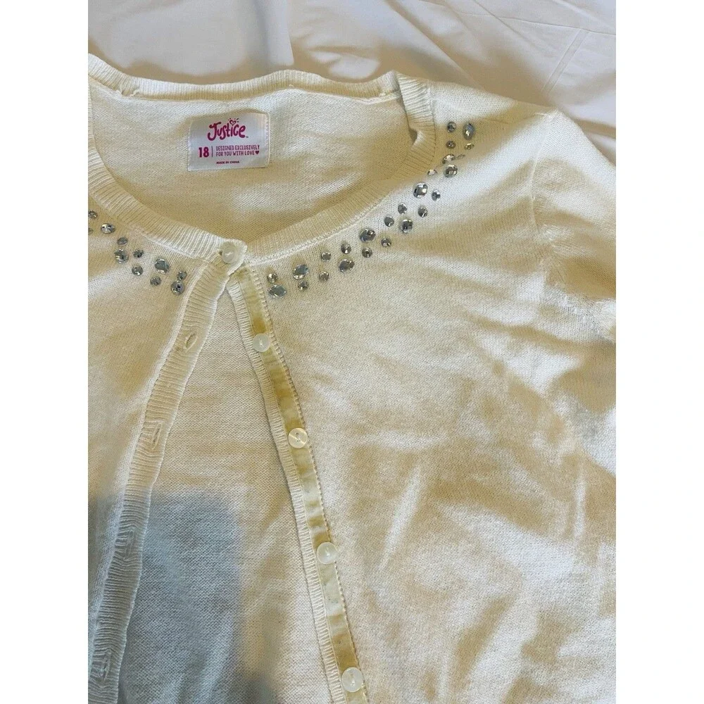 Justice Girls Size 18 Ivory Rhinestone Embellished Cardigan Sweater Button Front